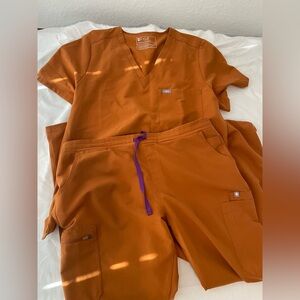 Figs Rust Orange Scrub Set with Purple Drawstring Accents